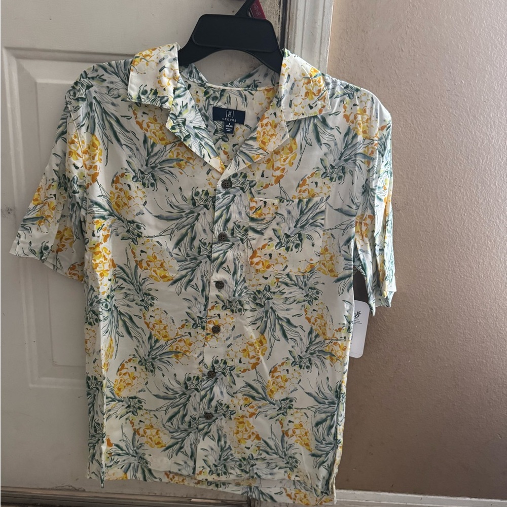 George Men's Button Down Shirt - Yellow and Green Pineapples Size Small